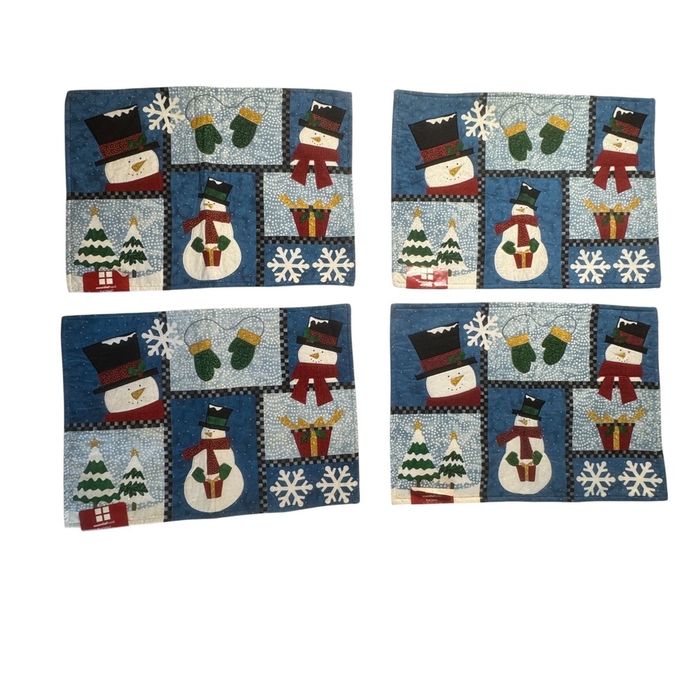 NEW Essential‎ Home Winter Snowman Holiday Placemats Set Of 4 Blue White Cottage